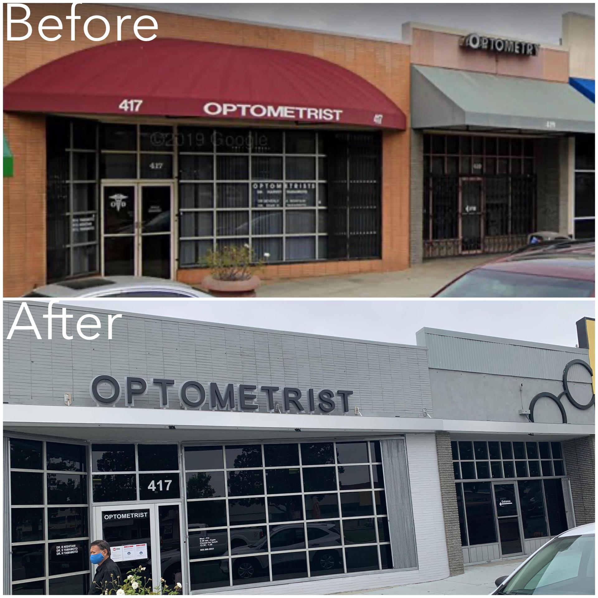 Before and after photos of a optometrist office remodel